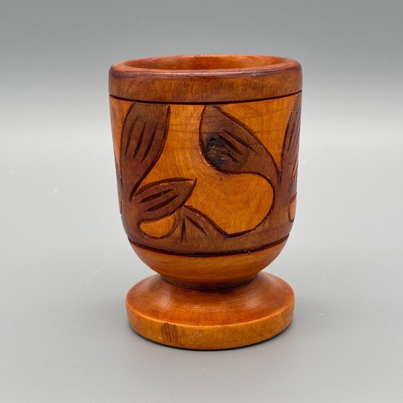 Vintage Hand-Carved Teak Pedestal Cup | Leaf Motif Wood Vessel - Picture 4 of 8
